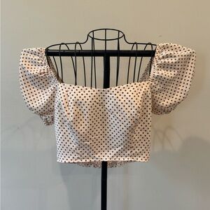 Altered State Sz Med Cream Polka Dot Cropped Top Puffy Sleeve Heart Shaped Neck